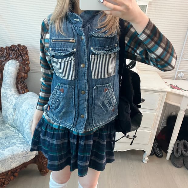 일본빈티지 리버시블 데님 도트 누빔 베스트