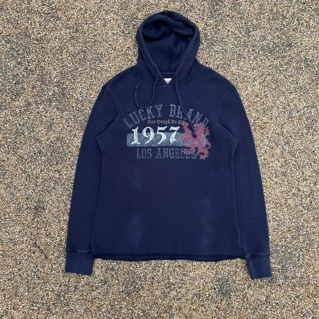 빈티지(vintage) 프린팅 와플 니트 후드