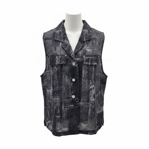 유니크 데님 패치위크 프린트 슬리브리스 베스트 1827