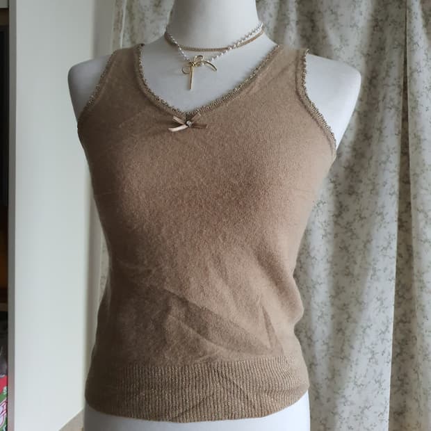 [빈티지] 브라운 리본 니트 슬리브리스 탑