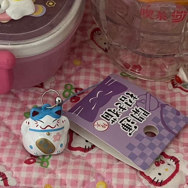 마네키네코 일본 고양이 방울 스트랩 키링 화이트 블루 고양이 갸루 부적