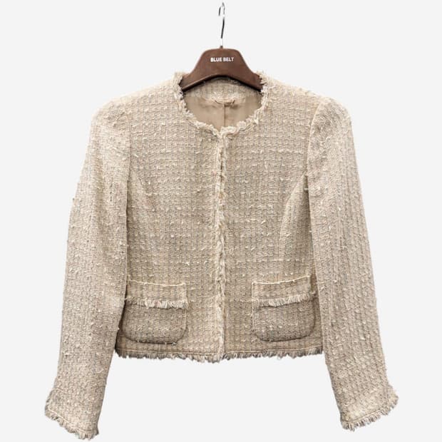 JPN VINTAGE 클래식 트위드자켓 믹스블렌드 프린지마감 디테일 핑크