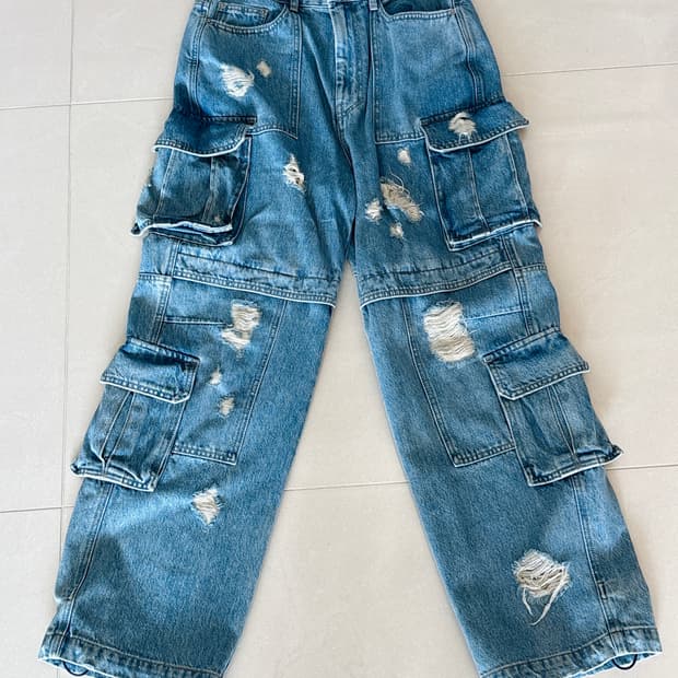 [44 size] 준지 데미지 카고 멀티 조거 와이드 데님