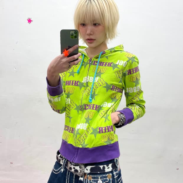 Retro Cheer Star Green Hoodie Zip-Up