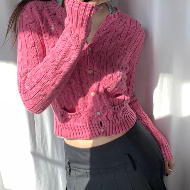 Polo 랄프로렌 코튼 베이비핑크 케이블 가디건