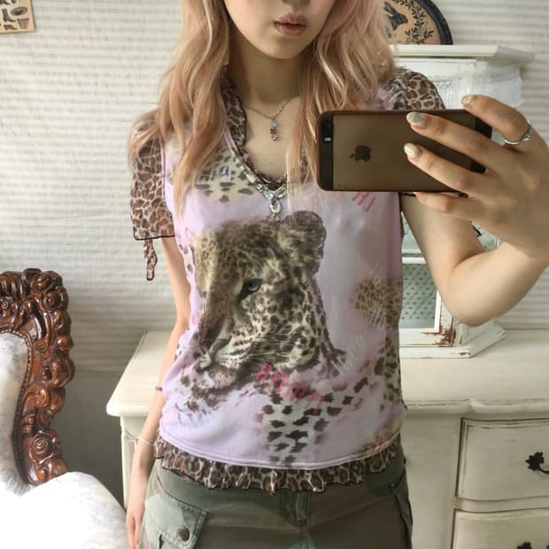jpn vintage 2000s 갸루 펑크 레오파드 핑크탑