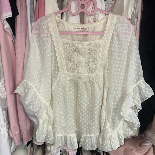 모리걸 도트 쉬폰 레이스 블라우스 일본빈티지