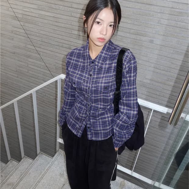 빈티지 블루 파랑 네이비 체크 셔츠 남방 레이어드