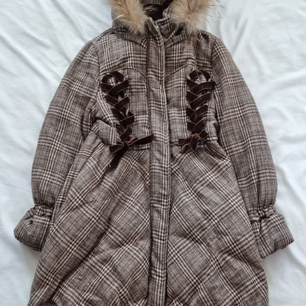 빈티지 갸루 엑시즈팜st 리본 브라운 퍼 패딩