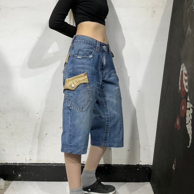 트루 릴리전 중청 대대장 포켓 포인트 버뮤다 데님 카고 반바지 34