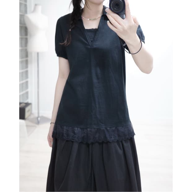 Black collar lace puff T-shirt