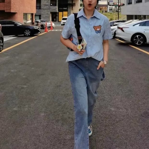 구찌 스트라이프 반팔 셔츠 곰돌이 패치