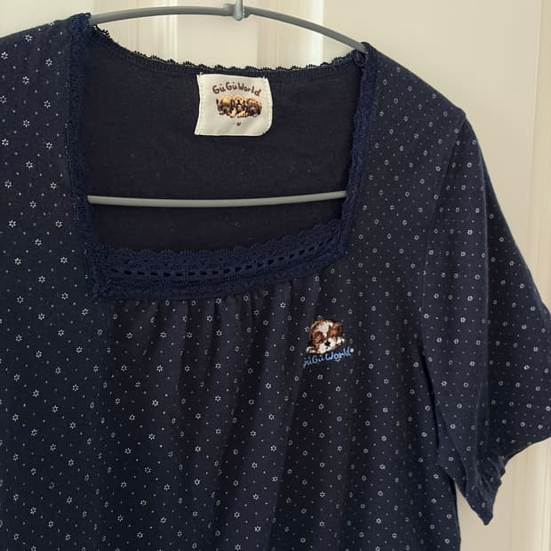 GuGuWorld 강아지 패치 잔꽃 스퀘어넥 빈티지 모리걸