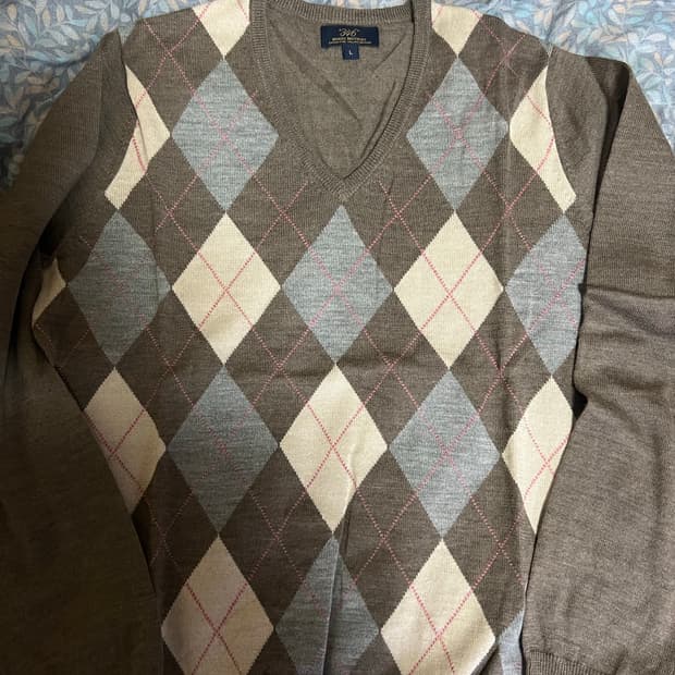 브룩스브라더스 메리노울 아가일 브이넥 니트