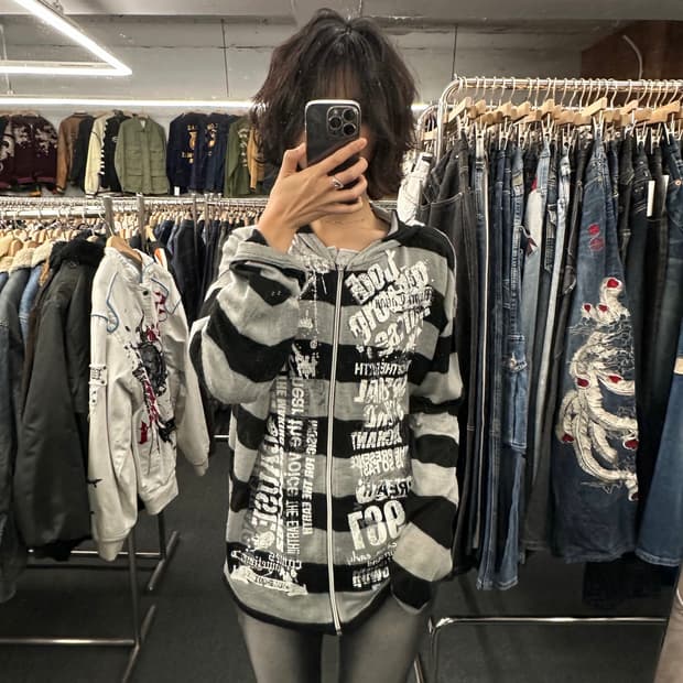 LL)Japanese vintage Y2K 스트라이프 니트 후드