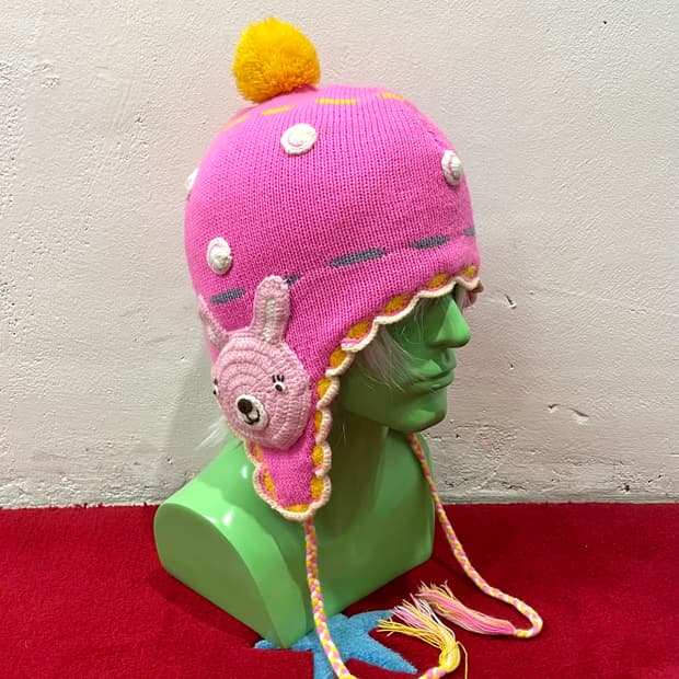 Rabbit embroidered pink earflap