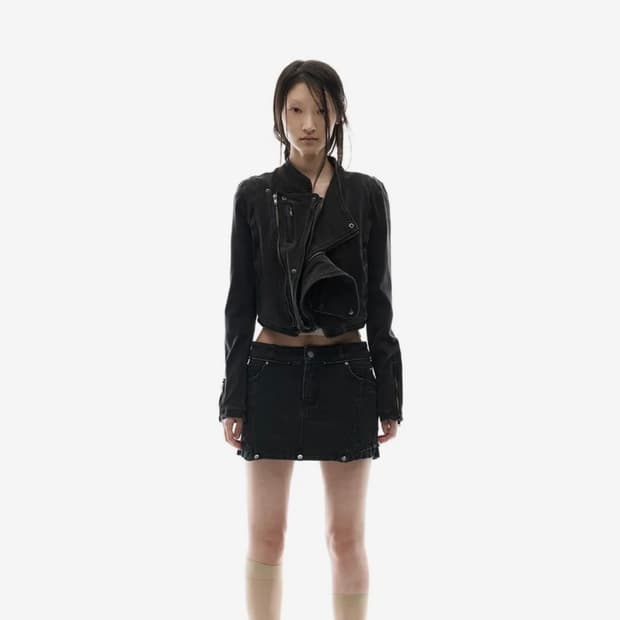 오호스 스판 데님 자켓 차콜 + 버튼 데님 스커트 차콜 셋업