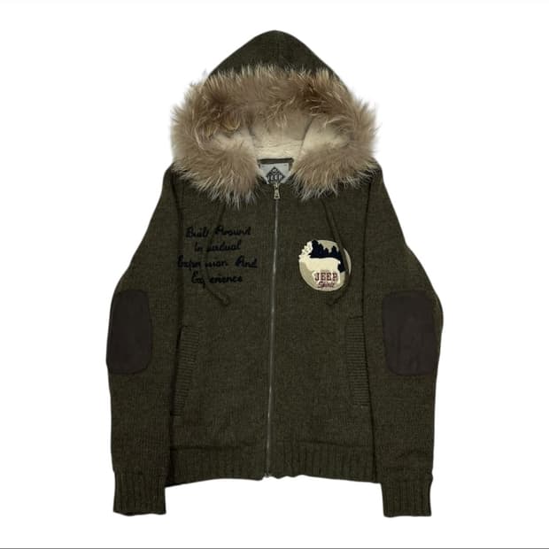 빈티지 지프 울니트 집업 라쿤 퍼 후드집업