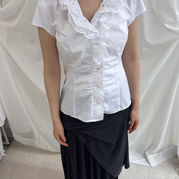 nara camice 레이스 칼라 셔링 반팔 셔츠
