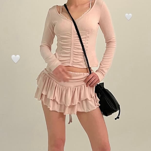 쓰리타임즈 시나몬 탑 스커트 세트 핑크 s