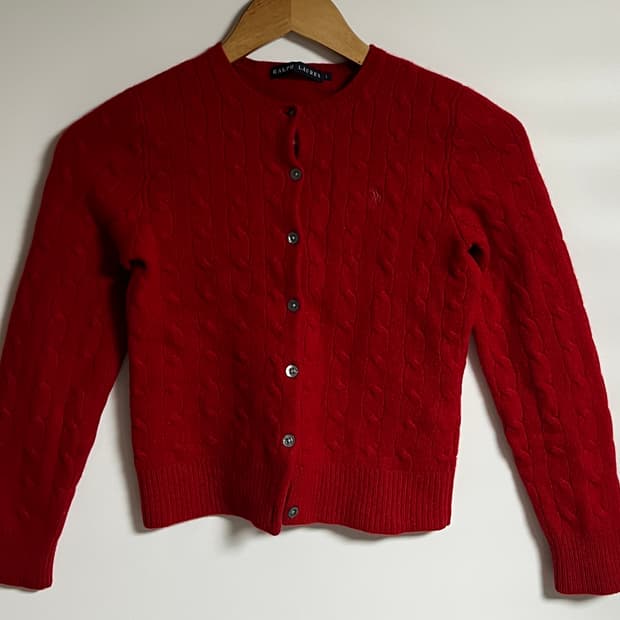 폴로 일본판 레드포니 울 니트 케이블 크롭 가디건 스웨터 S