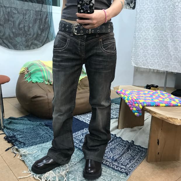 빈티지 여성 흑청 워싱 데님팬츠 