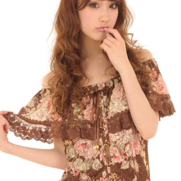 리즈리사 초고전템 히메갸루 꽃무늬파워넷 브라운 오프숄더