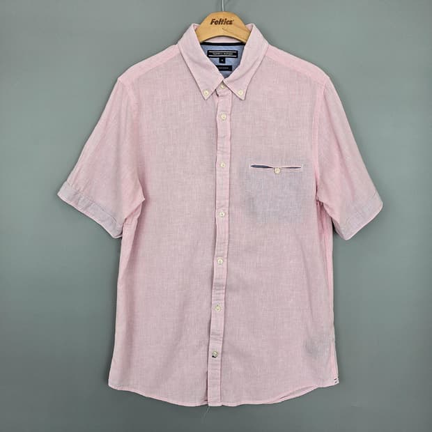 타미힐피거 린넨코튼 버튼다운 포켓 반팔셔츠 M