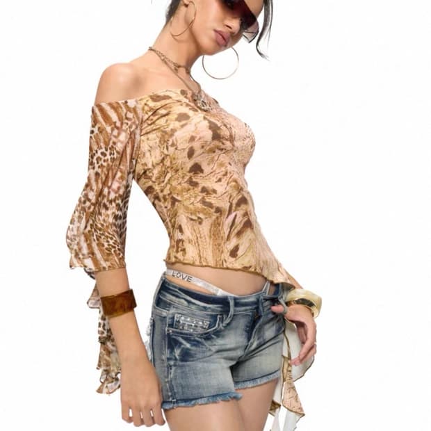 Jyosei 뱀피 호피 크로스 프릴 탑