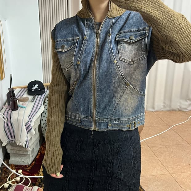 빈티지 여성 니트 레이어드 워싱 데님자켓 