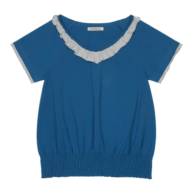 RUFFLE V-NECK SMOCKED T-SHIRT BLUE 2size