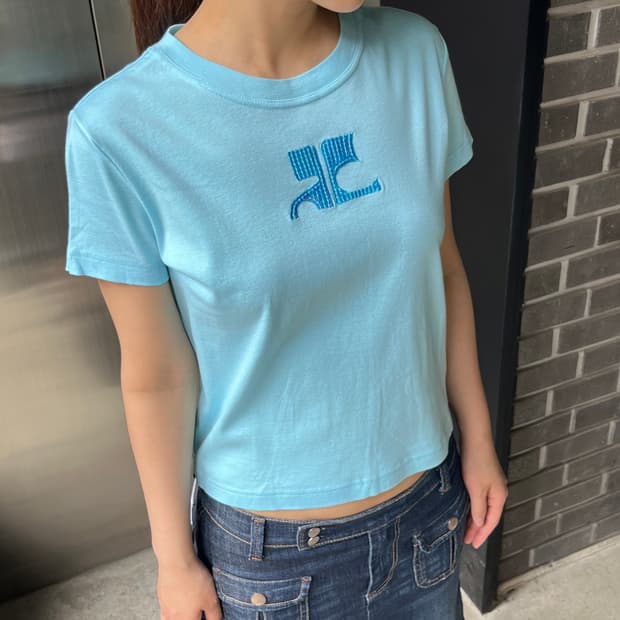 00s Courreges 꾸레쥬 스팽글 로고 탑 블루