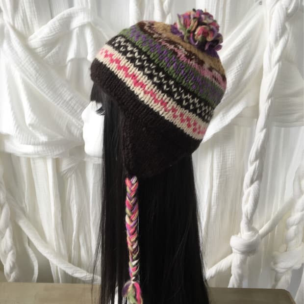 nomadic pattern pom knit beanie