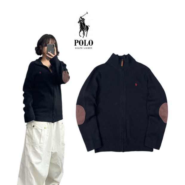 폴로 포니 엘보우패치 램스울 니트집업 블랙