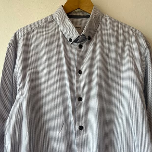 아르마니 꼴레지오니 남성 네이비블루체크 코튼긴팔셔츠