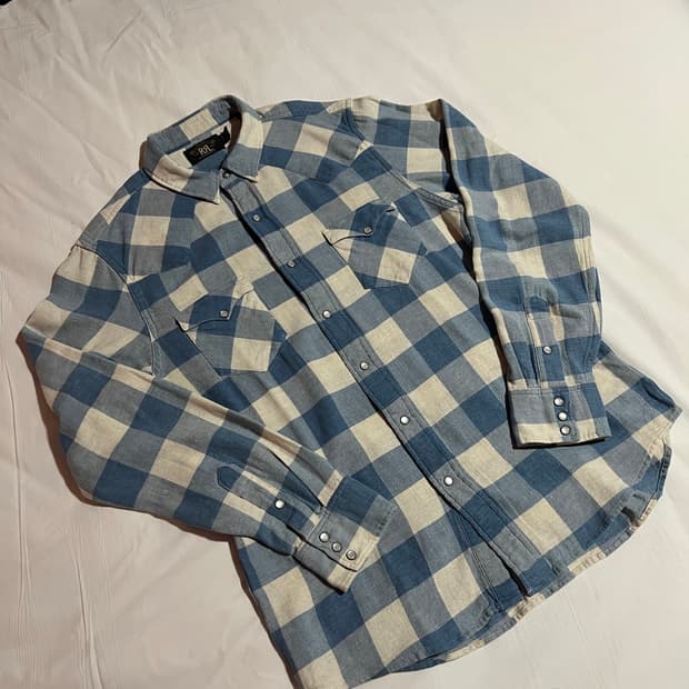 더블알엘 슬림핏 플래드 트윌 웨스턴 셔츠 인디고 크림 L