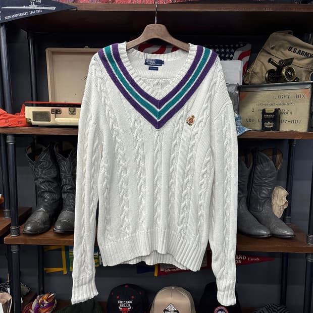 90s 폴로 랄프로렌 크레스트 케이블 코튼니트 크리켓 스웨터 N1166