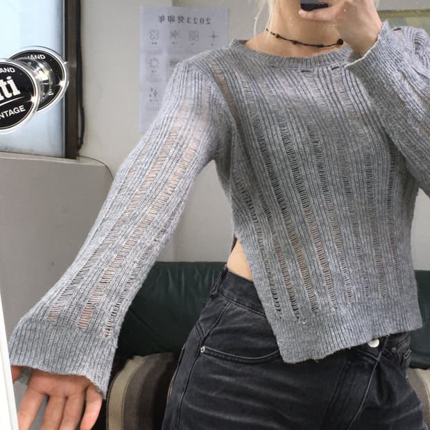 투티/0153 어반드레스 언발란스 컷팅 시스루 니트