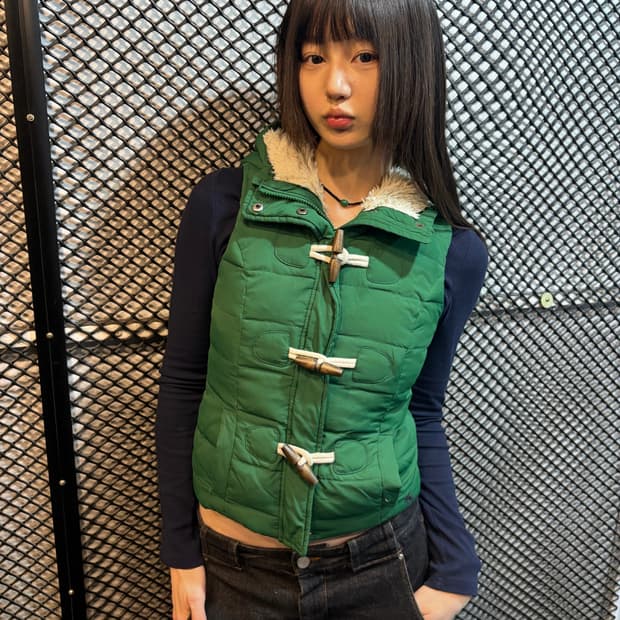 90s 빈티지 그린 양털 카라 패딩 베스트