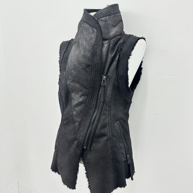 Asymmetric drape leather lamb fur vest