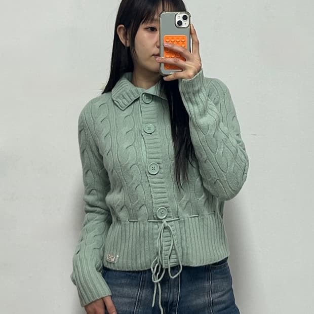 폴로 진스 램스울 꽈배기 버튼 니트 가디건 민트