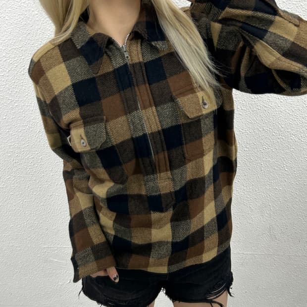 베이프 90s 빈티지 초콜렛 체크패턴 반집업 울셔츠 M