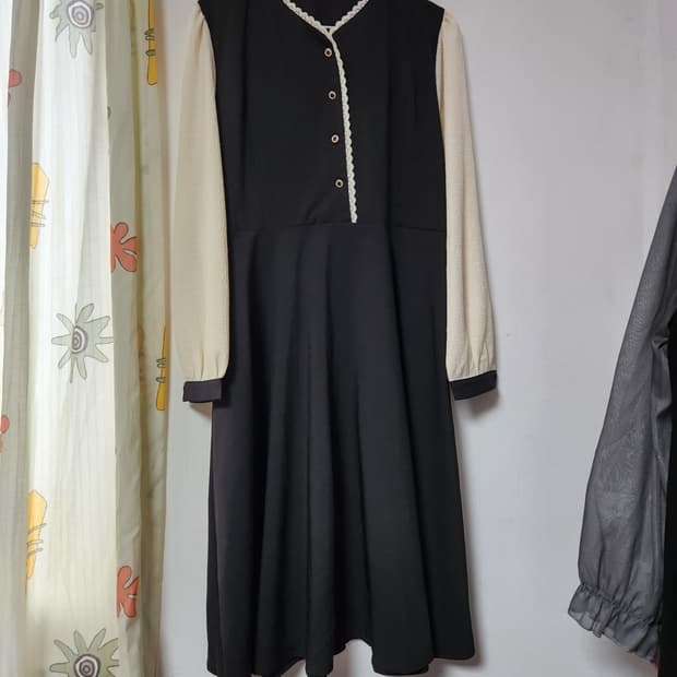 배색 블랙 롱 원피스 77