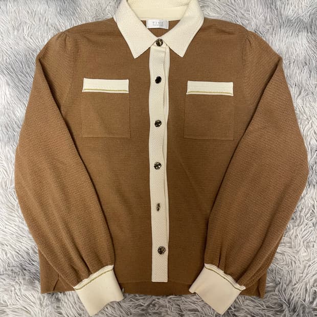 TIME 타임 더한섬 브라운 카라 니트 캐시미어100 가디건