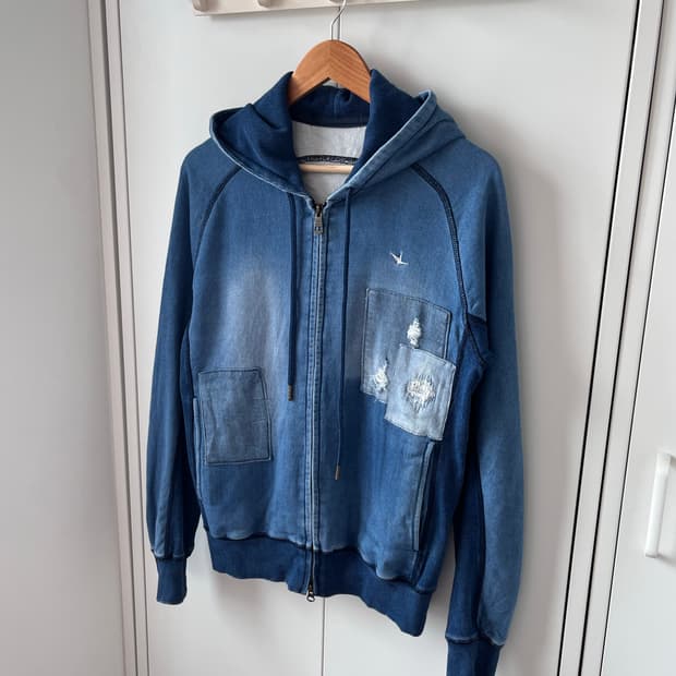 Vintage 데미지 패치 데님 후드집업 