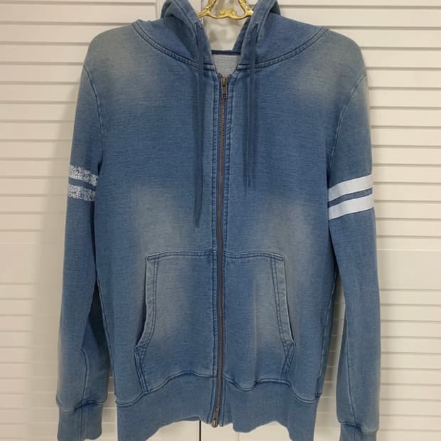 일본구입 스웻데님 래글런 후드집업 워시드블루 후디 후드티