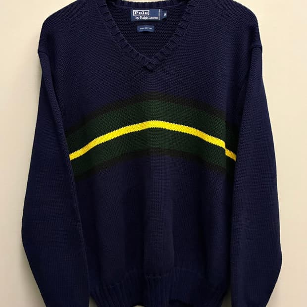 (M/100)POLO 폴로랄프로렌 코튼 V넥 크리켓 니트 스웨터 