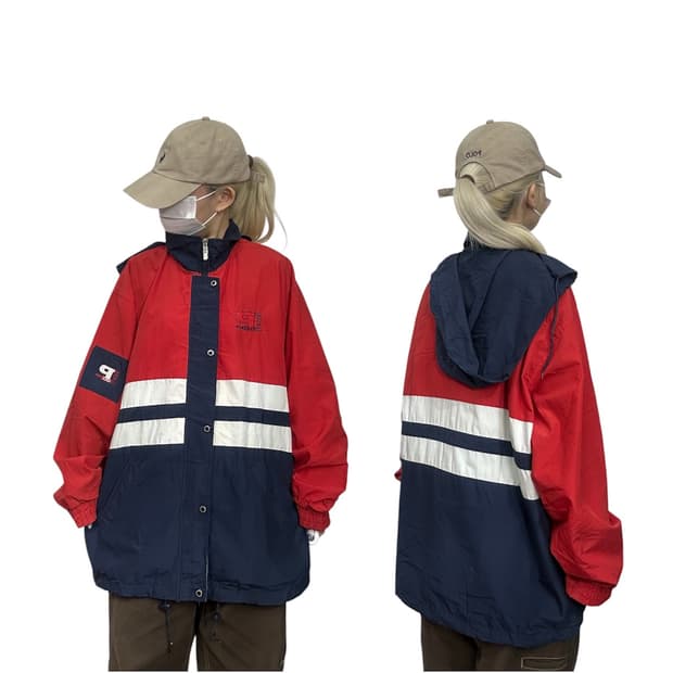 플레이보이 레드 네이비 오버핏 후드 올드스쿨 바람막이 자켓 100 