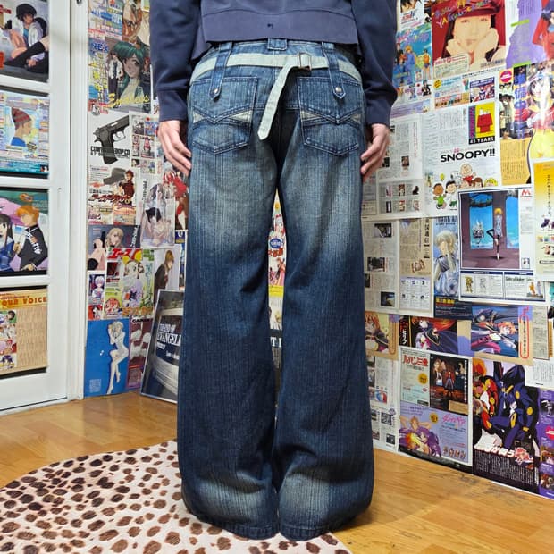 빈티지 벨티드 배색 와이드 데님 팬츠