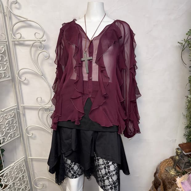 Burgundy fairy ruffle chiffon blouse